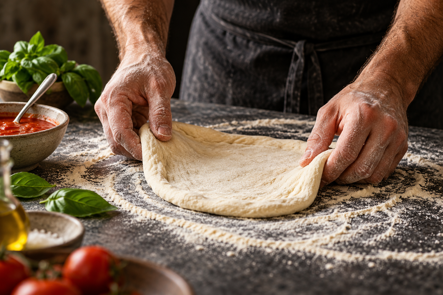 Hände beim Formen eines frischen Pizzateigs – illustrative Aufnahme